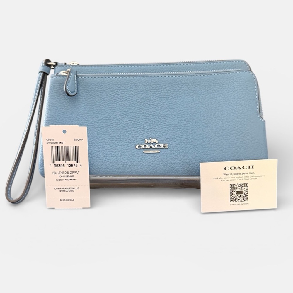 SOLD. Coach Double Zip Wristlet Light Blue Pebbled Leather NWT
